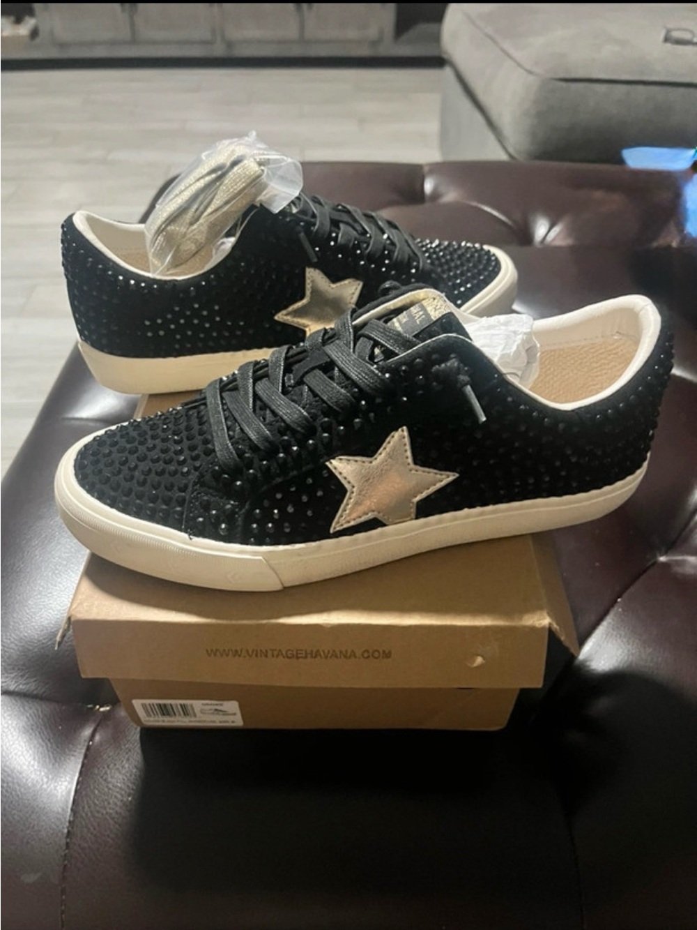 Vintage Havana Grande Black Studded Sneaker with Silver Star